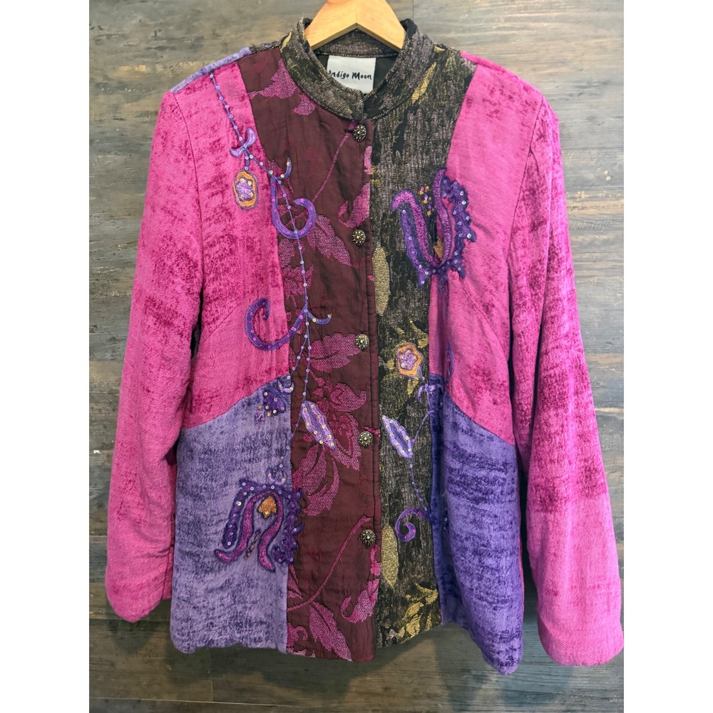 Indigo Moon Womens Patchwork Embroidered Jacket Pink Purple Boho Art Wear Sz 46